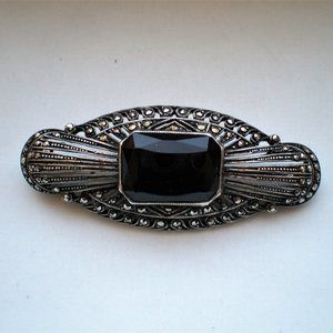 Antique Vintage Deco Designer Sterling Silver Black Onyx Marcasite Pin Brooch